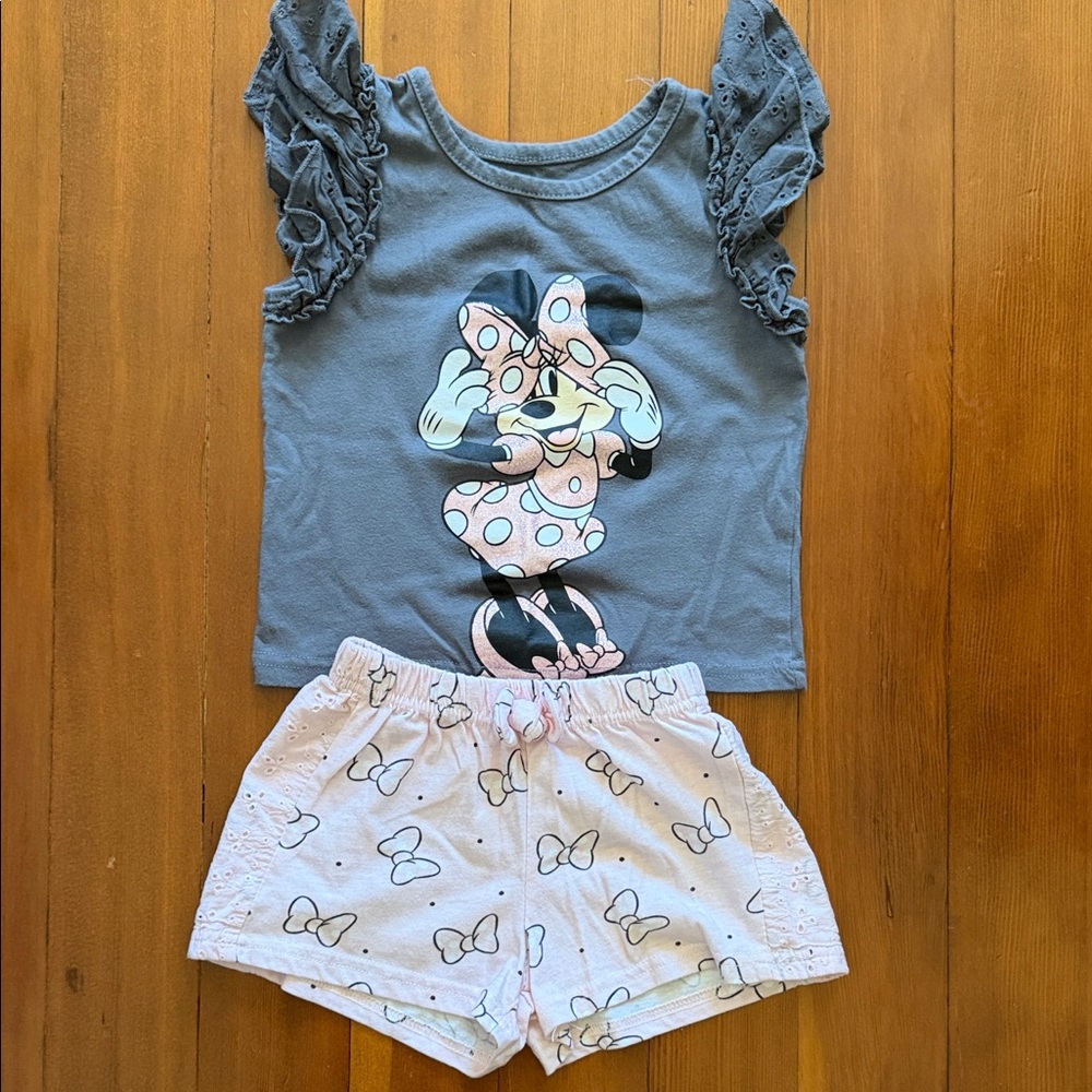 Disney Girls Blue Minnie Mouse Top with Pink Bow & White Bow-Print Shorts